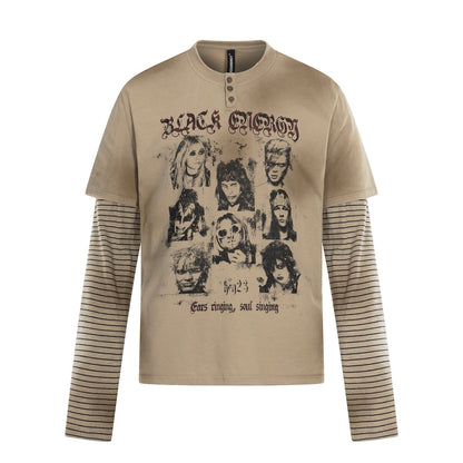 Oversize Portrait Graphic Fake Layered Long Sleeve T-Shirt WN24426