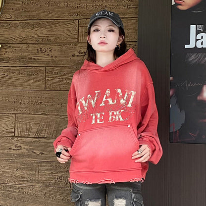Washed Letter Rhinestone Design Damage Hoodie WN25384