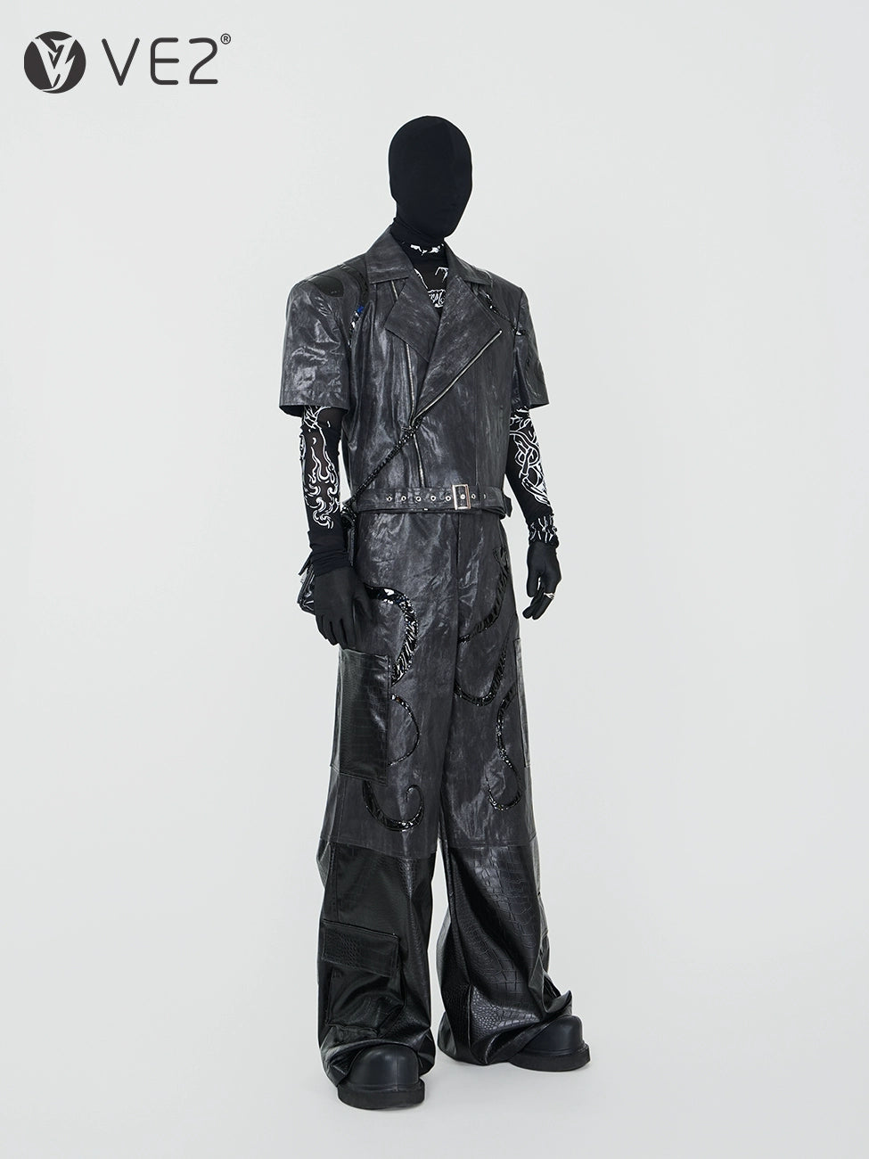 PU Leather Short Sleeve Jacket & PU Leather Wide Leg Pants & Graphic Design Mesh Long Sleeve T-Shirt Setup WN17339