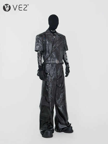 PU Leather Short Sleeve Jacket & PU Leather Wide Leg Pants & Graphic Design Mesh Long Sleeve T-Shirt Setup WN17339