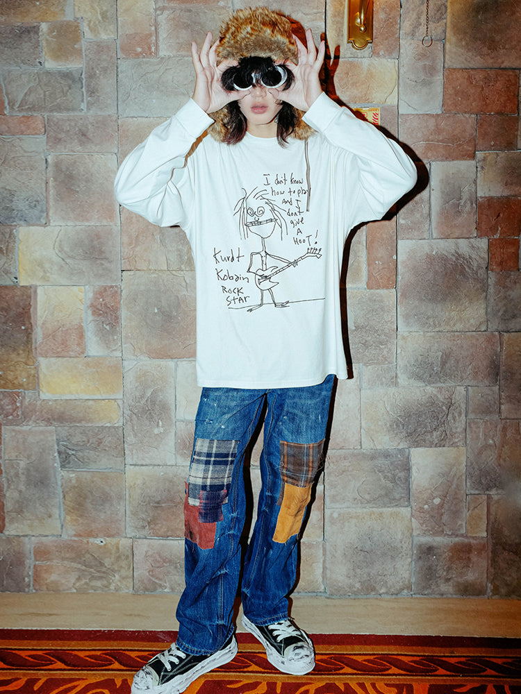 Patchwork Washed Damage Straight Denim Jeans WN16098