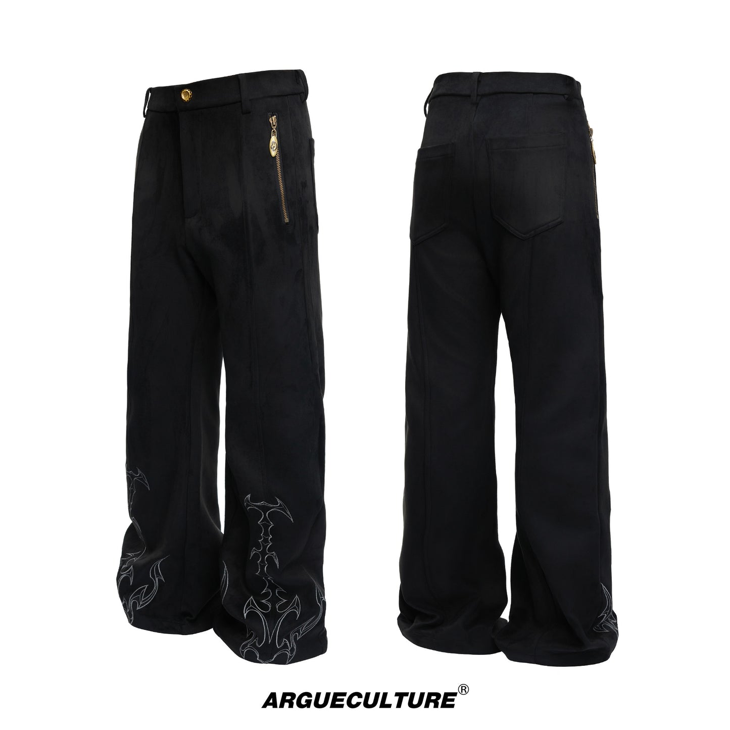 Thorn Bone Totem Embroidery Metal Zipper Flare Pants WN23315