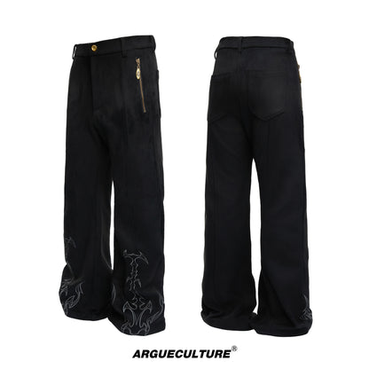 Thorn Bone Totem Embroidery Metal Zipper Flare Pants WN23315