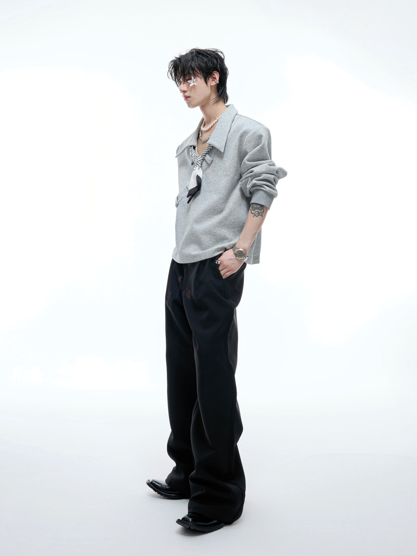 Stripe Scarf Ribbon V-Neck Long Sleeve Shirt WN20534