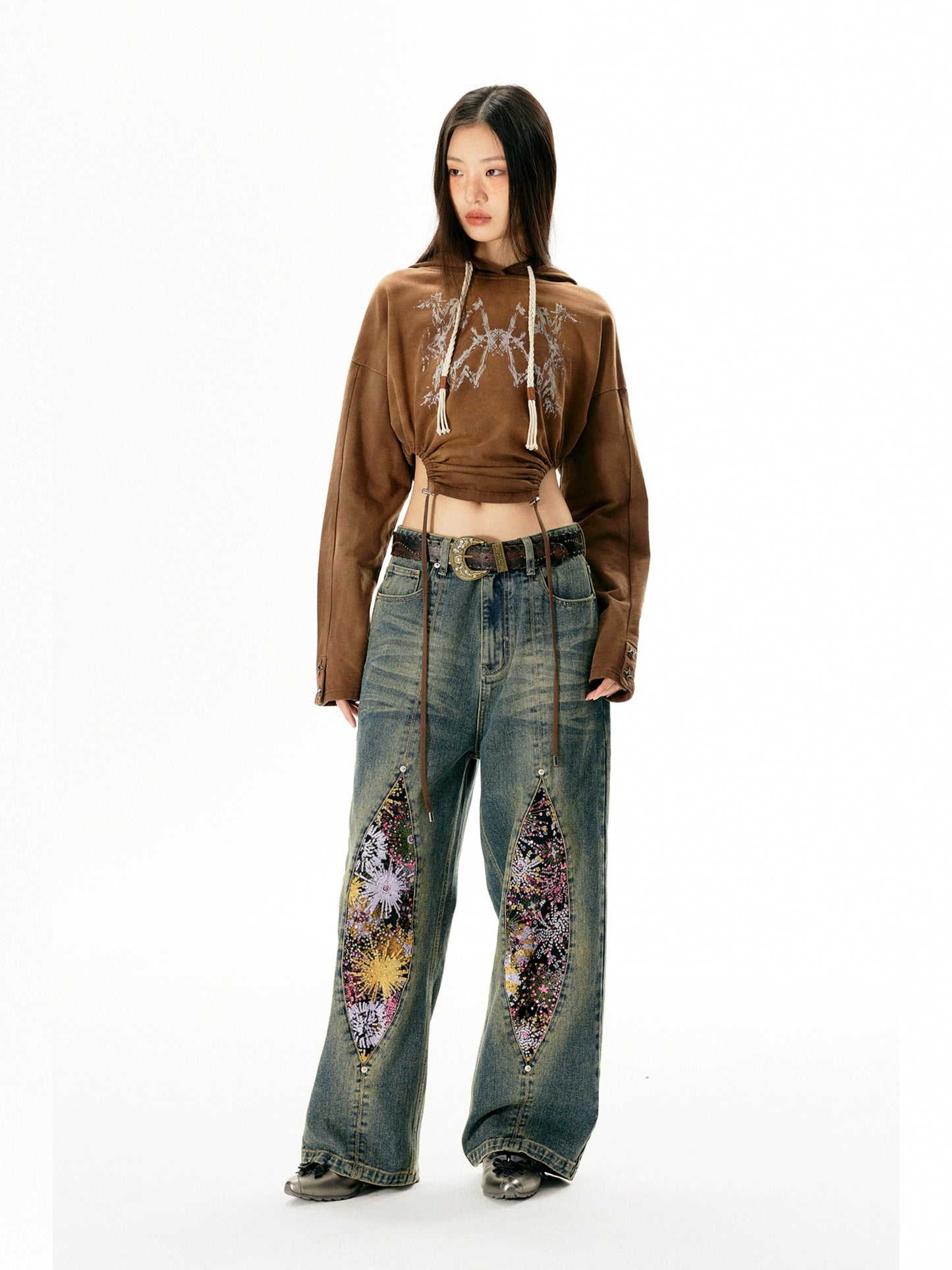 Fireworks Print Washed Denim Jeans WN18972