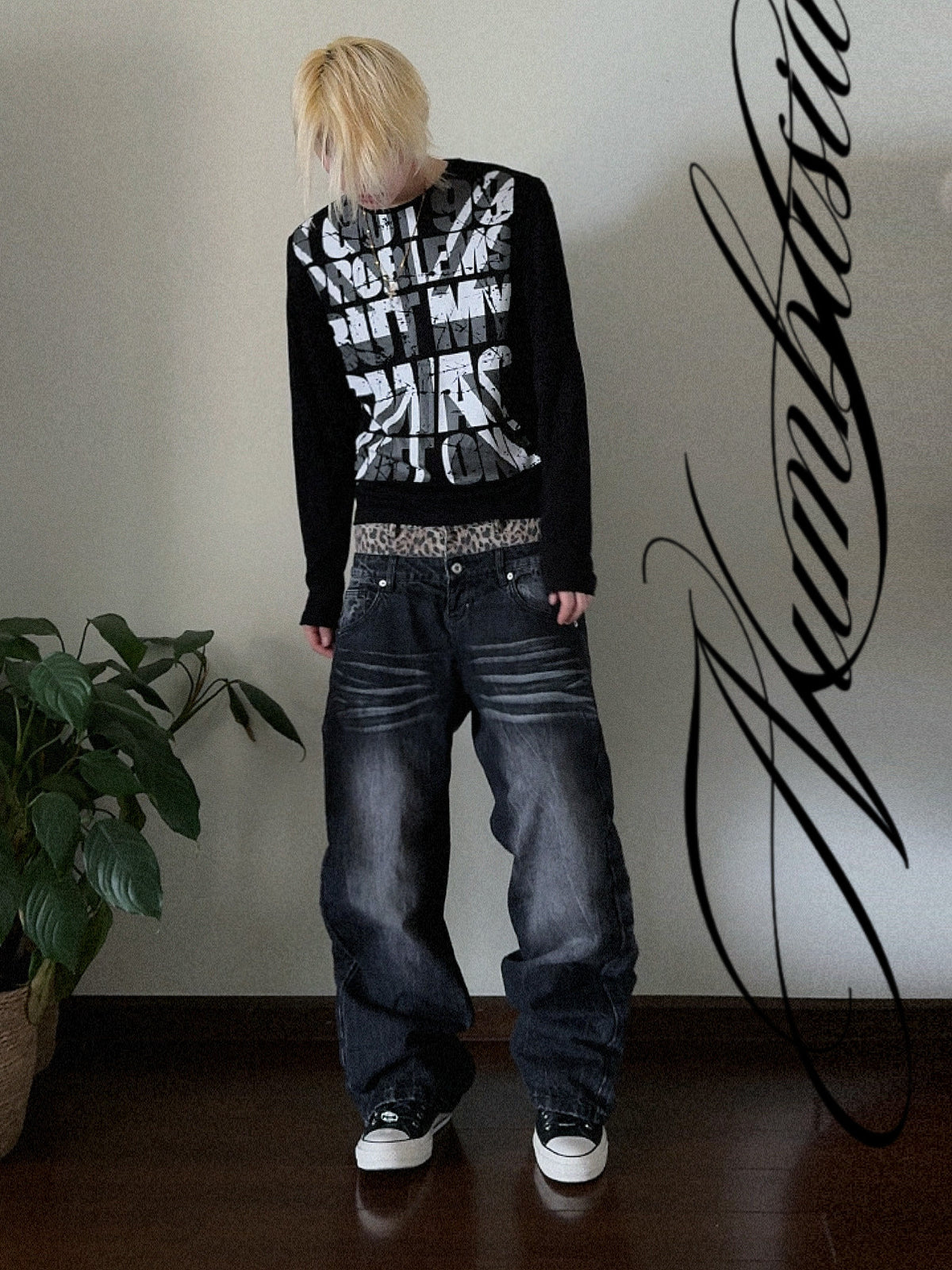 Double Waist Leopard Print Wide Leg Denim Jeans WN27199