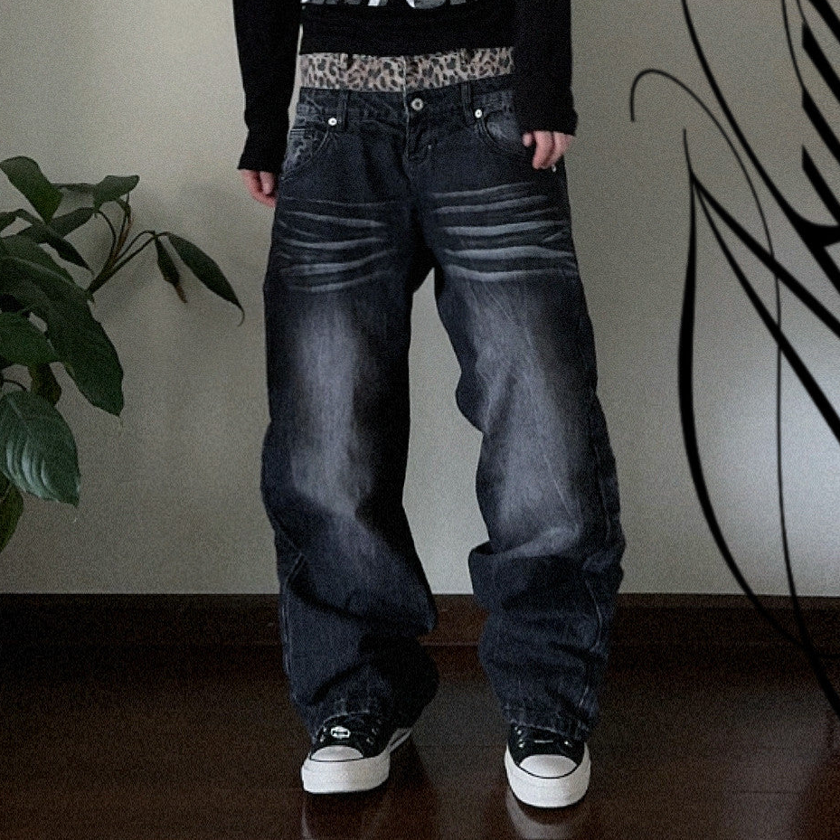Double Waist Leopard Print Wide Leg Denim Jeans WN27199