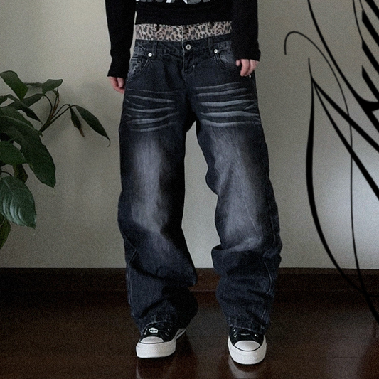 Double Waist Leopard Print Wide Leg Denim Jeans WN27199