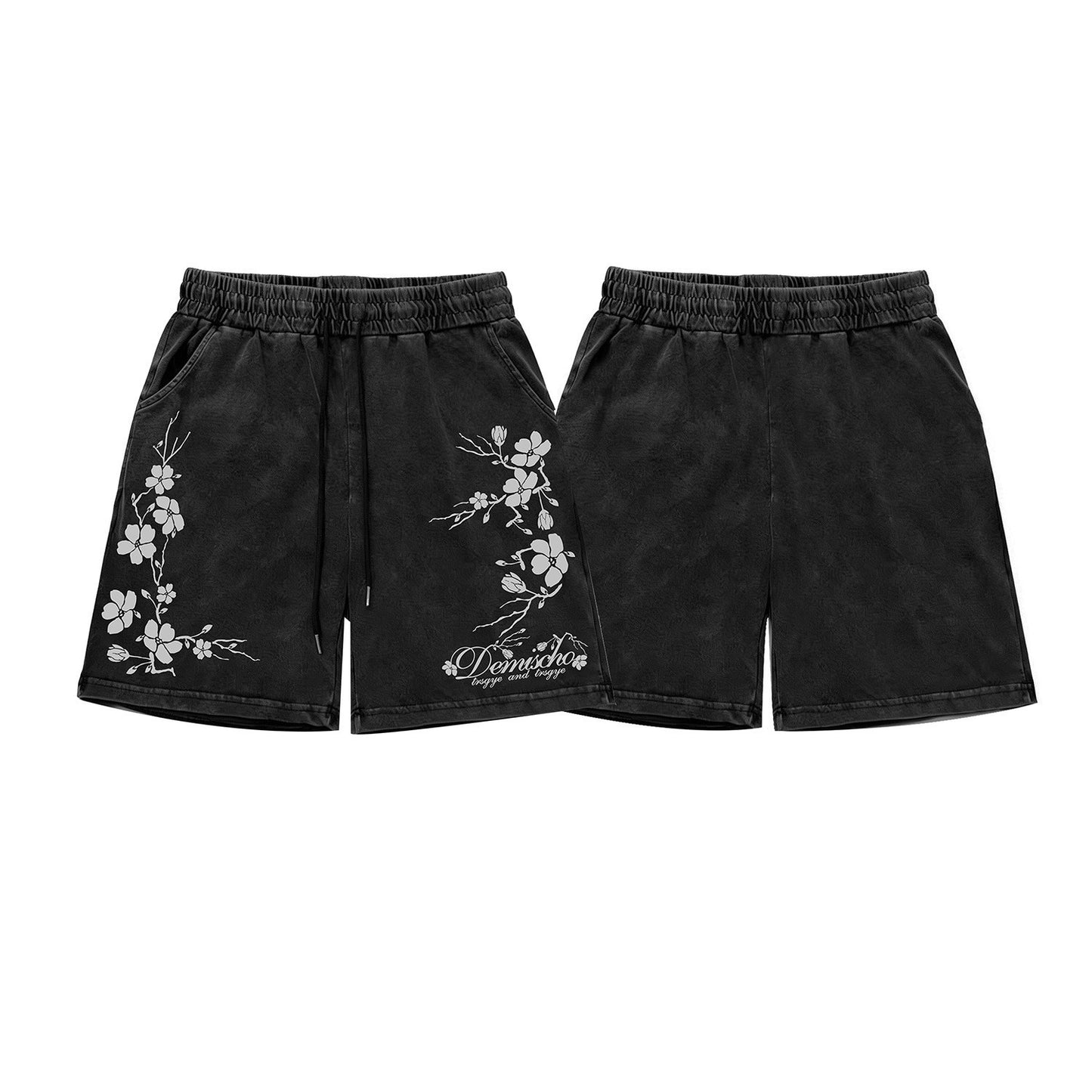 Washed Plum Blossom Print Half Sweatpants WN26749