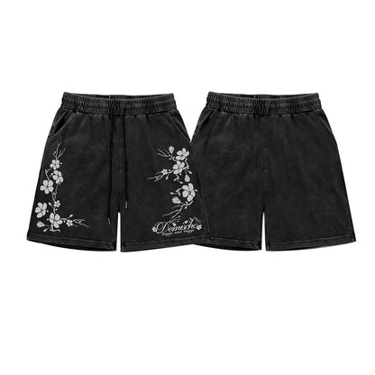 Washed Plum Blossom Print Half Sweatpants WN26749