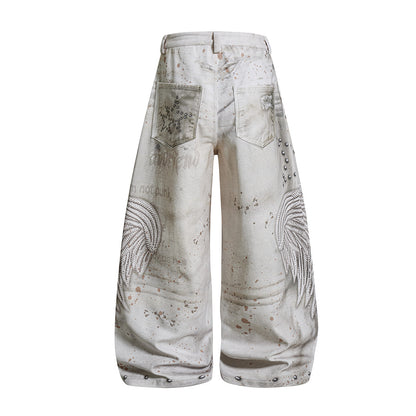 Studs Paint Wing Wide Leg Denim Jeans WN25752