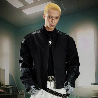 Standing-Collar Contrast Patchwork PU Leather Jacket WN21377