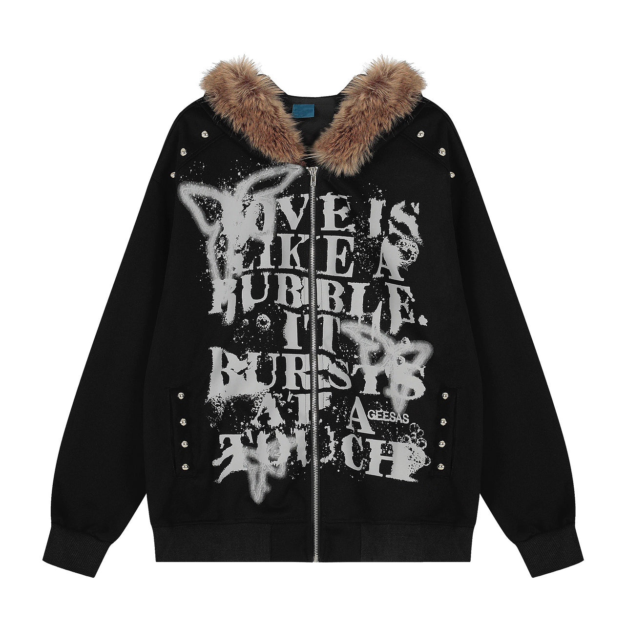 Graffiti Print Fake Fur Collar Zipper Hoodie WN21026