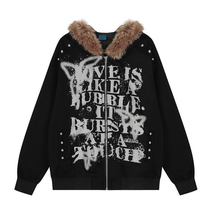 Graffiti Print Fake Fur Collar Zipper Hoodie WN21026