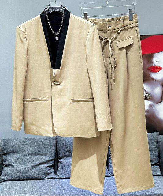 V-Neck Color Block Oversize Tailored Jacket & Straight Trousers Setup WN23919