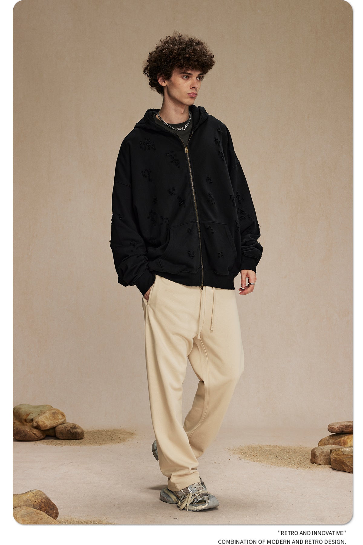 Oversize Damage Double Zipper Hoodie WN9975