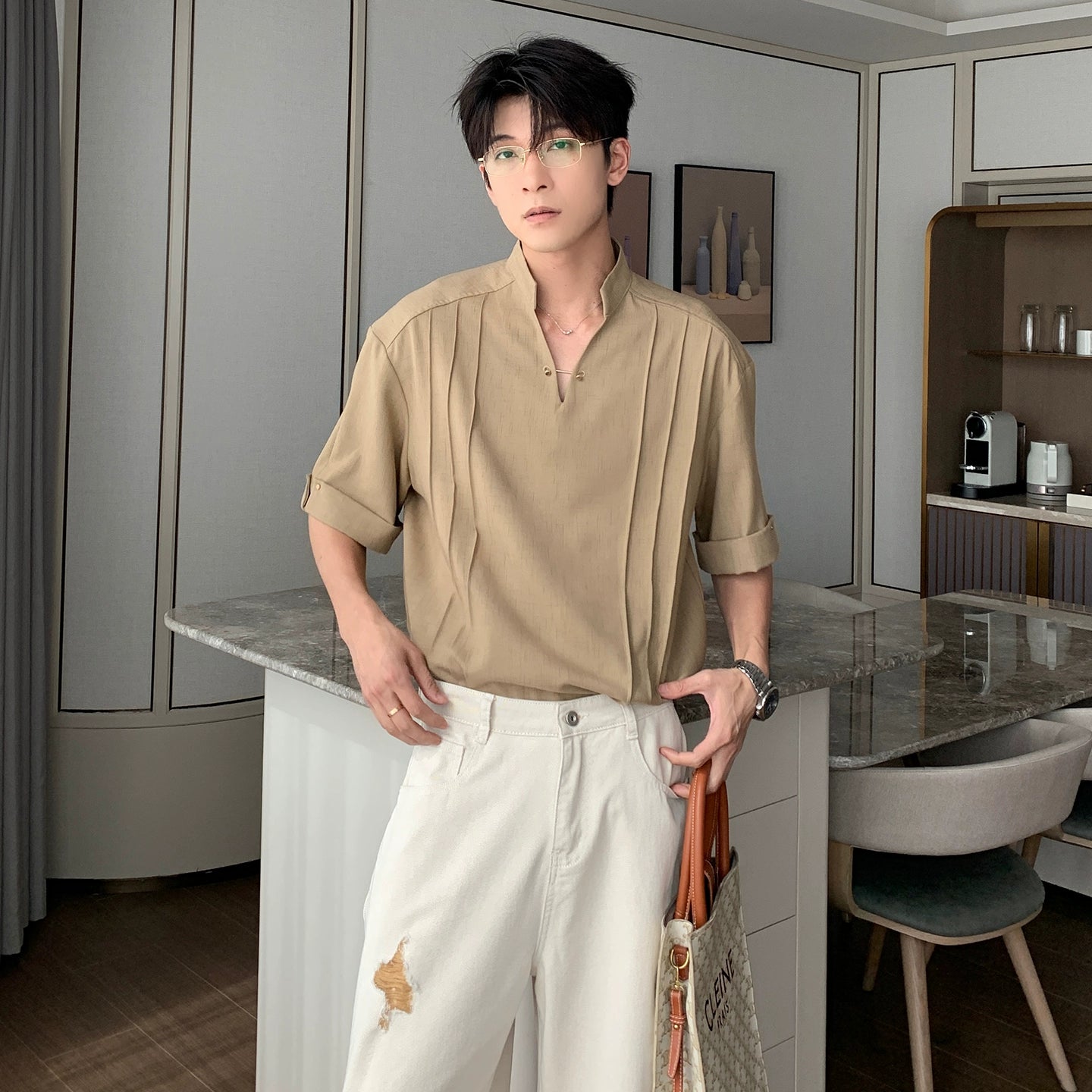 Standing Collar V-Neck Oversize Short Sleeve Polo Shirt WN20453