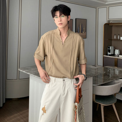 Standing Collar V-Neck Oversize Short Sleeve Polo Shirt WN20453