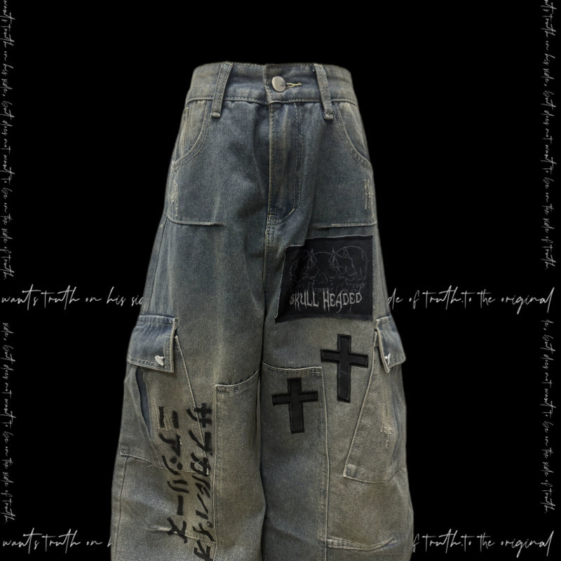 Letter Print Patchwork Cargo Wide Leg Denim Jeans & Belt & Chain & Scarf WN20123
