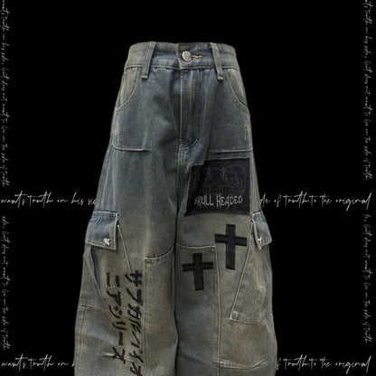 Letter Print Patchwork Cargo Wide Leg Denim Jeans & Belt & Chain & Scarf WN20123