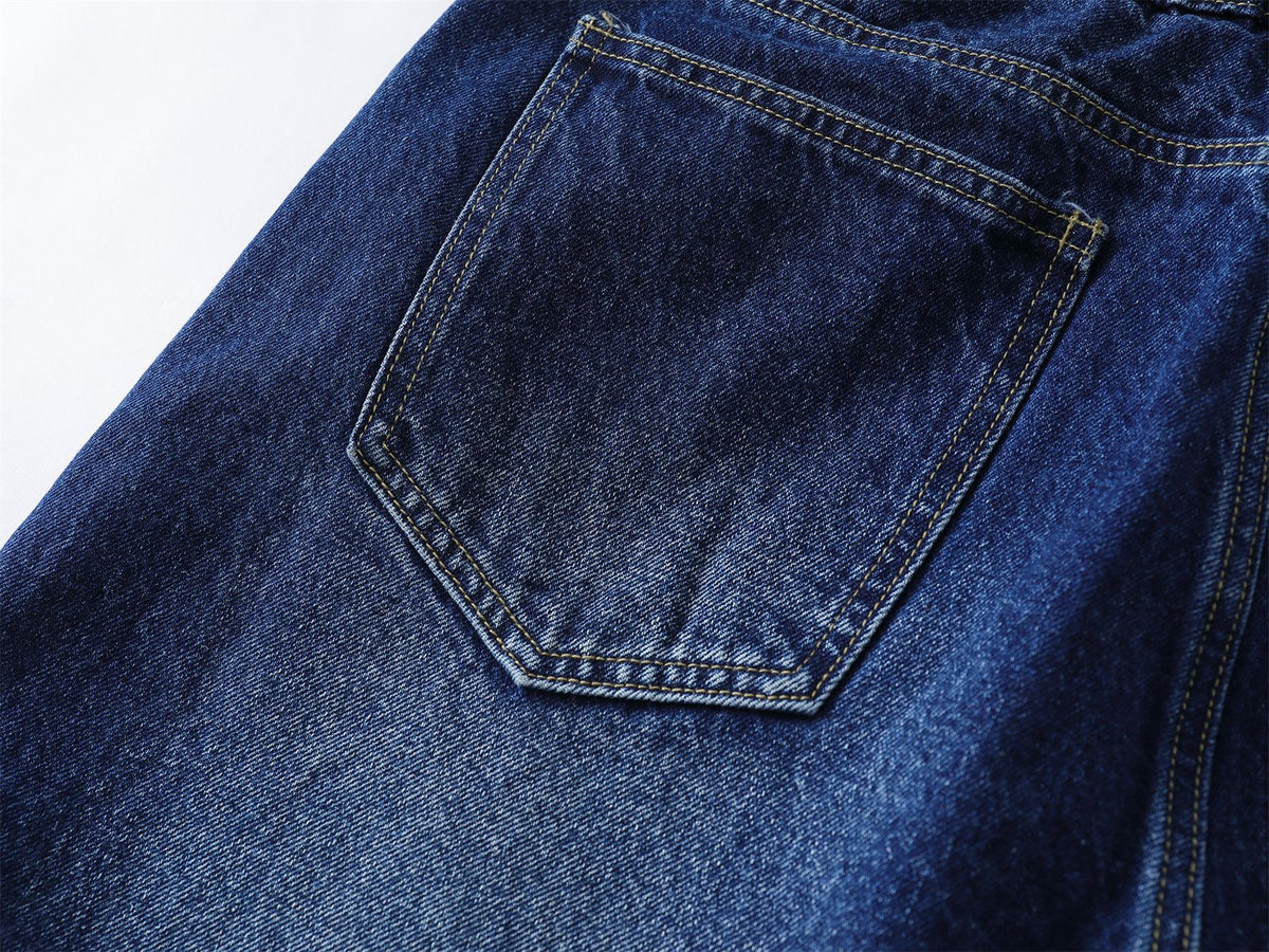 Washed Damage Star Patchwork Knee-Length Denim Jeans WN26810