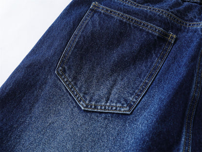 Washed Damage Star Patchwork Knee-Length Denim Jeans WN26810