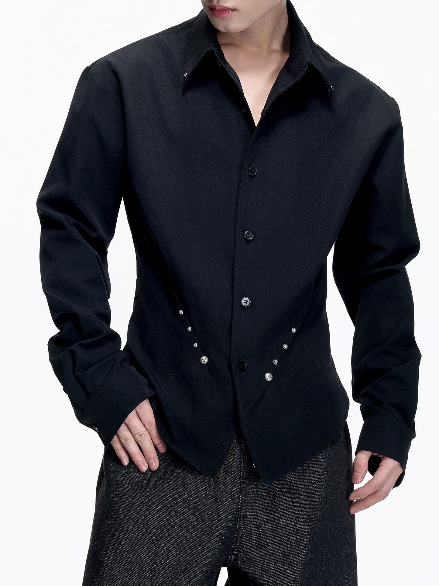 Heavyweight Rivet Waist-Cinched Puff Sleeve Long Sleeve Shirt WN23550