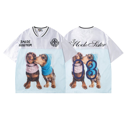 Dog Print V-Neck Breathable Sporty Short Sleeve T-Shirt WN26841