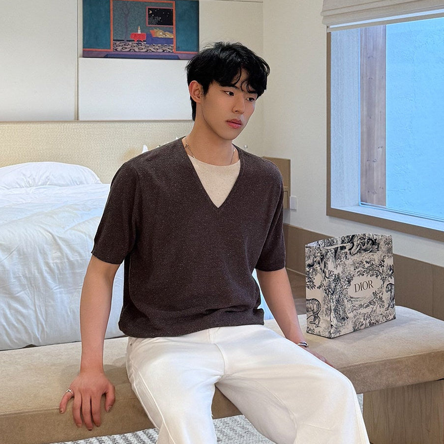 Fake Layered V-Neck Short Sleeve Summer Knit Sweater WN25035