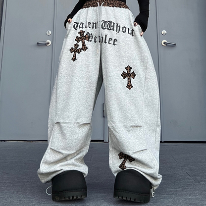 Leopard Waist Cross Print Wide Leg Sweat Pants WN24172
