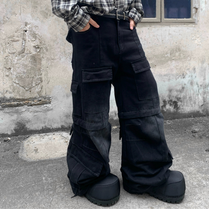 Detachable Multi-Pocket Washed Flare Denim Jeans WN22221