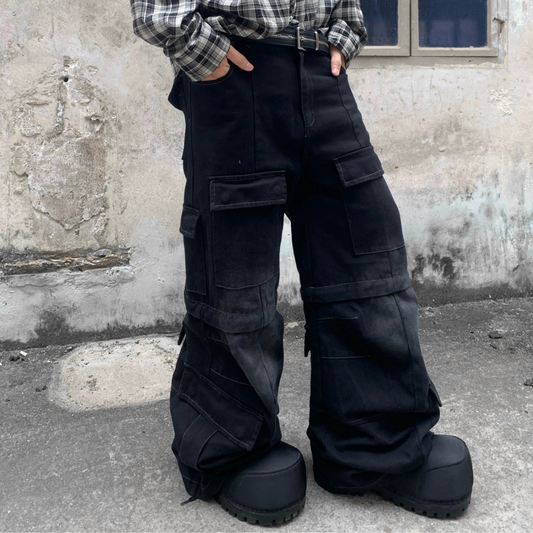 Detachable Multi-Pocket Washed Flare Denim Jeans WN22221