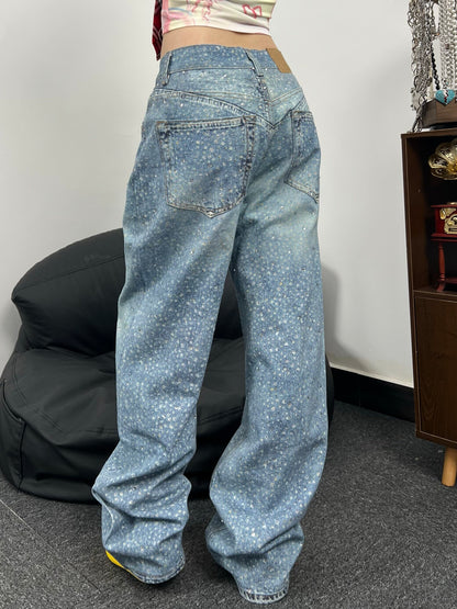 Speckled Paint Washed Wide Leg Denim Jeans WN24047