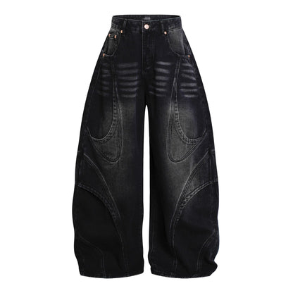 Deconstruction Curved Panel Wash Wide Leg Denim Jeans WN27930