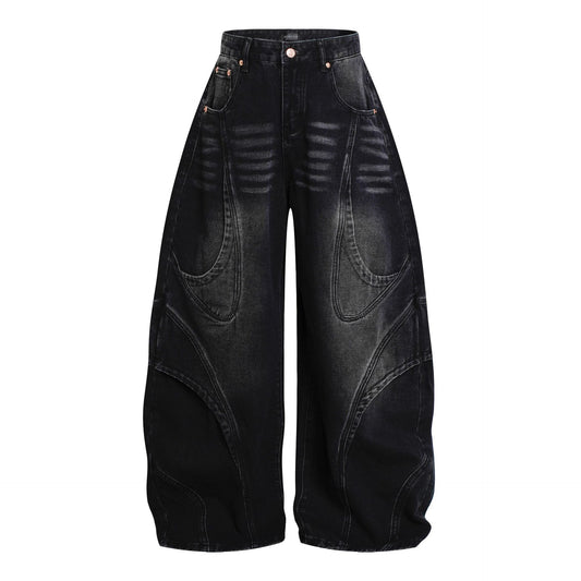 Deconstruction Curved Panel Wash Wide Leg Denim Jeans WN27930