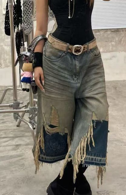 Washed Whisker Patchwork Half Denim Jeans WN19687