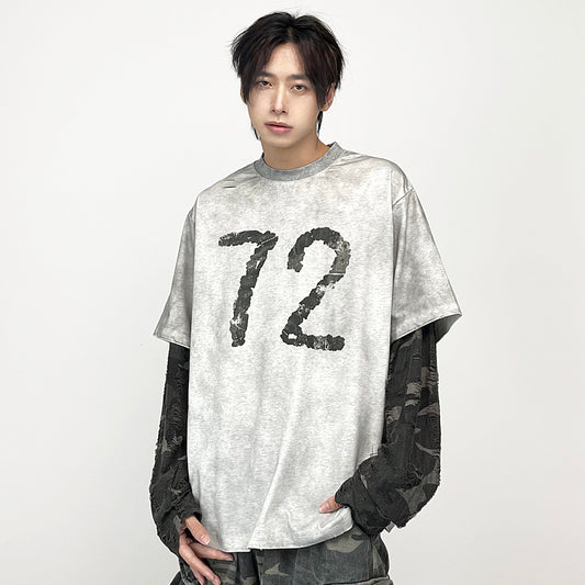 Fake Layered Number Print Damage Long Sleeve T-Shirt WN24286