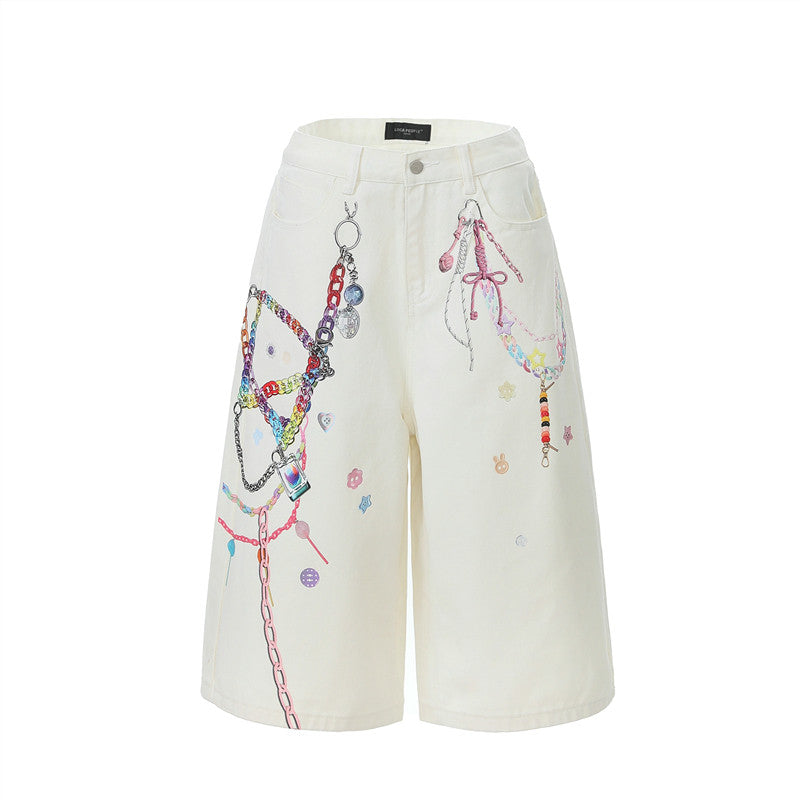 3D Chain Print Wide Leg Half Denim Jeans WN24263