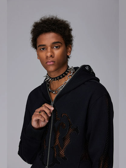Hollow Mesh Embroidery Short Zipper Hoodie WN17946