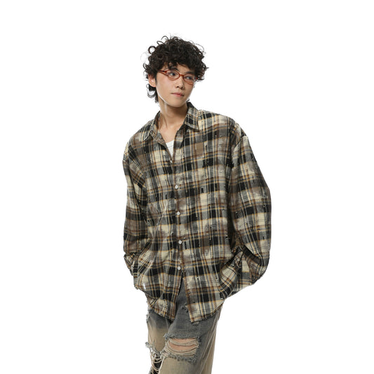 Oversize Damage Plaid Long Sleeve Shirt WN7088