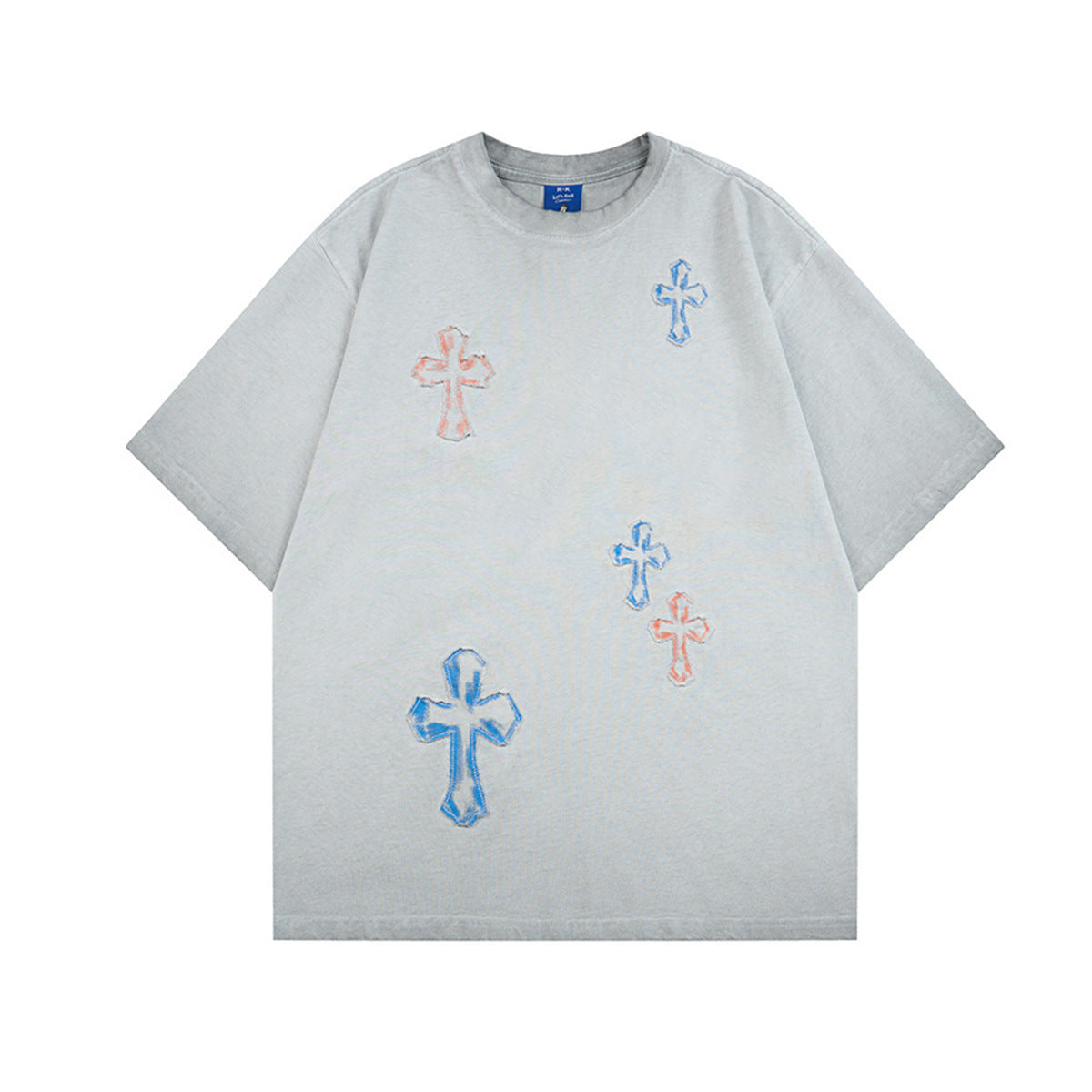 Washed Cross Applique Short Sleeve T-Shirt WN25439