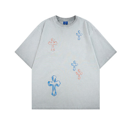 Washed Cross Applique Short Sleeve T-Shirt WN25439