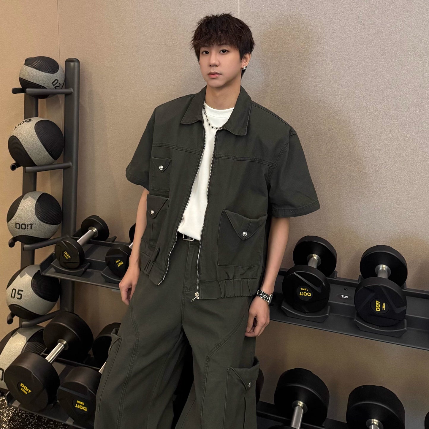 Pocket Short Sleeve Jacket & Wide Leg Cargo Pants Setup WN25342