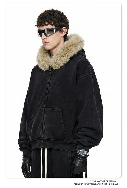 Fake Fur Collar Fleece Lining Zipper Hoodie WN23118