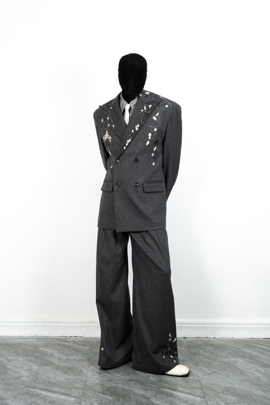 Floral Embroidery Double-Breasted Tailored Jacket & Wide-Leg Trousers Setup WN23629