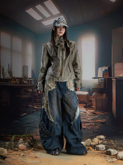 Deconstruction Washed Damage PU Leather Jacket WN21355