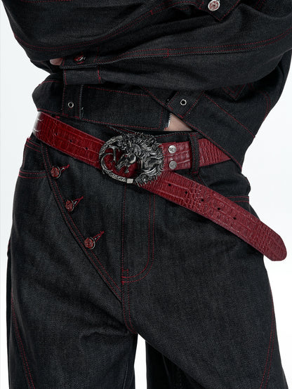 Crocodile Pattern Antique Horse Head Leather Belt WN23334