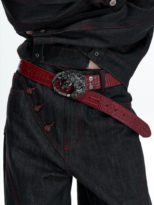 Crocodile Pattern Antique Horse Head Leather Belt WN23334