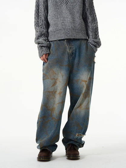 Damaged Splashed Ink Wide Leg Denim Jeans WN7936