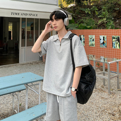 Half Zip Open Collar Short Sleeve T-Shirt & Half Pants Setup WN24906